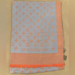 L V Monogram Grey Blue Salmon Cashmere Silk Blend Chale Stole Shawl Wrap Scarf.